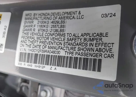 2024 Honda Accord Hybrid Sport z USA, uszkodzony, nr VIN 1HGCY2F59RA048030